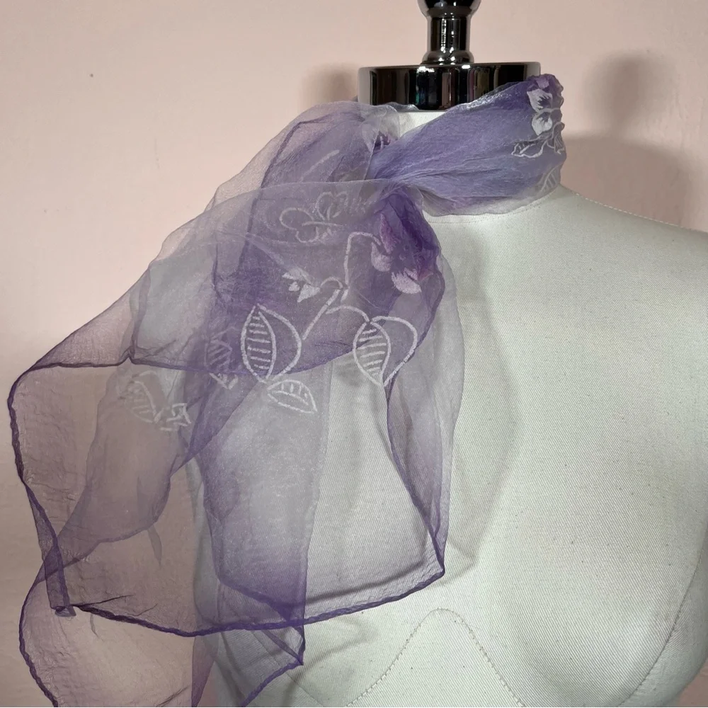 Vintage 1960 70’ semi sheer purple white flocked cottagecore floral Scarf